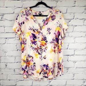 Torrid Rayon Slub Hi-Lo Floral Blouse Womens 2X White Purple Flowing fairycore